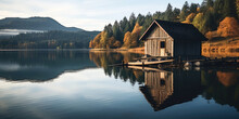 Vintage Wooden Boathouse On A Calm Lake