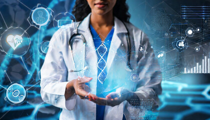 Medical technology network, Medicine doctor holding electronic medical record on hologram modern virtual. medical research. DNA. Analysis and diagnose, Digital healthcare, Futuristic of healthcare