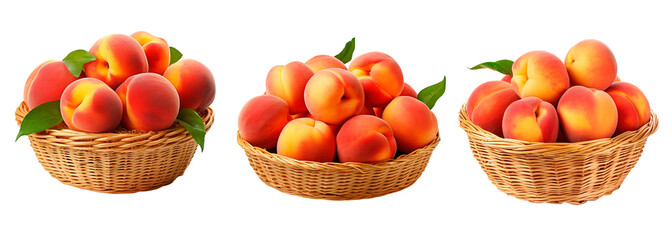 Wall Mural - Three wicker basket with peaches over white transparent background