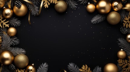 Wall Mural - Christmas elements border top view copy space plain black and white background