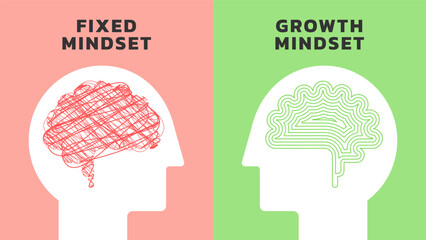 Illustration of The Difference Between a Fixed vs Growth Mindset. Chaos and Order thoughts mindset concept vector. Two heads of a person with the opposite mindset. Vector illustration.