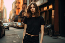 Female Model Wearing Classic Black Cotton T-Shirt on Urban City Street Background