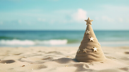 concept - christmas tree made of sand on the beach