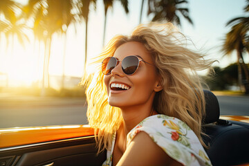 Wall Mural - summer holidays, vacation, road trip and people concept - smiling young woman driving convertible car