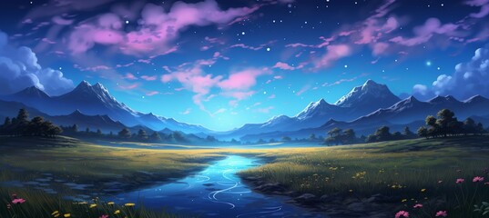 Wall Mural - mountains nature landscape. drawing illustration design. generative ai technology.