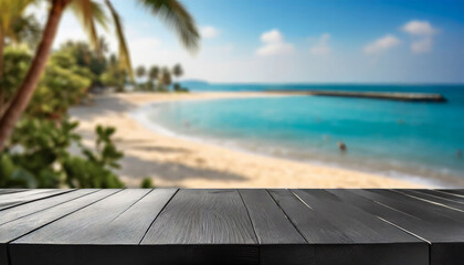 Wooden black table top on blur tropical beach background - can be used for display or montage your products. High quality photo