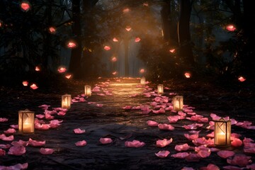 Wall Mural - romantic background with pink rose petals covered pathway with candle lights