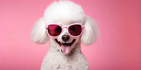 Wall Mural - White poodle dog breed wear sunglasses smile and happiness. Generative ai