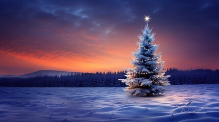 Wall Mural - Christmas tree at sunset in snowy fields