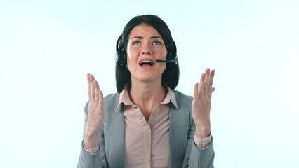 Wall Mural - Angry, stress and a call center woman on a studio background for a telemarketing problem. Fail, doubt and a frustrated female customer service employee with communication anxiety and a mistake