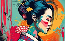 Kimono Female Side View In Graffiti Background With Generative AI.