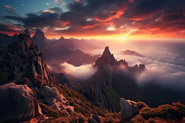 Wall Mural - Fantastic sunrise in the mountains. Dramatic scene. Beauty world, Mountain top landscape view with clouds at sunset, AI Generated