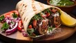 Turkish and Arabic Traditional Ramadan Adana Kebab Roll Wrap serving with yogurt, aubergine salad and hot pepper pickles on rustic wooden background.