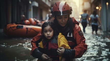 Volunteer rescuer helping people in flood victims, natural disaster, climate change.