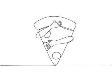 Wall Mural - Single continuous line drawing of hands hugging pizza slice. One slice of pizza contains up to 700 calories. Excess calories are not good for the body. Junk food. One line design vector illustration