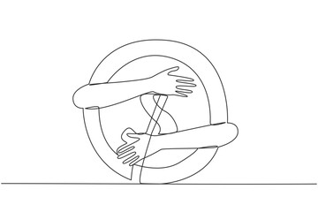 Wall Mural - Single one line drawing of hands hugging huge coin. Addicted to money in arms. Holding coins tightly in arms is a symbol of greed. Must get as much business profit as possible. Continuous line design