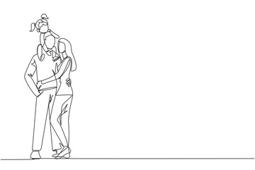 Wall Mural - Single continuous line drawing of young woman hug her handsome husband who is holding their cute daughter on shoulders hug. Smiling couple with child. Happy family relations. One line design vector