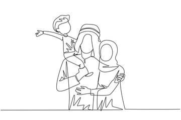 Wall Mural - Single one line drawing of young Arabian woman hug her handsome husband who is holding their little cute son. Smiling couple with child. Happy family concept. Continuous line design illustration