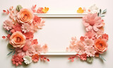Fototapeta Sypialnia - photo frame with cut flowers, leaves, branches, and greens,