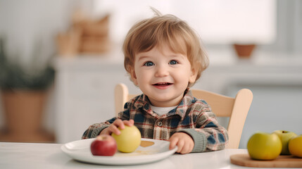 A cute child with a food allergy to various foods is sitting at a table in front of a variety of foods.