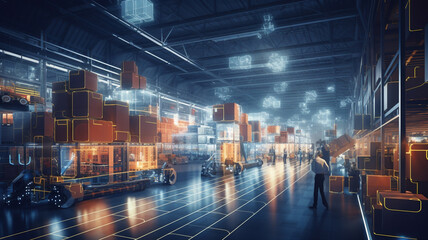 Futuristic warehouse or logistics center powered by advanced technology and artificial intelligence and robotics