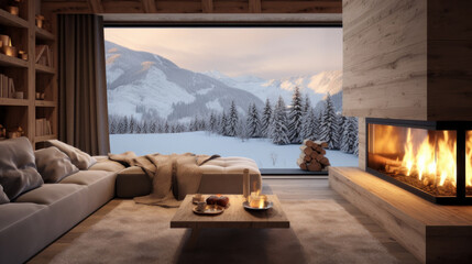 Cozy living room with panoramic window, fireplace with fire and view of winter mountains and forest at a ski resort and luxury hotel, during vacation and winter holidays.