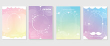 Merry Christmas Concept Posters Set. Cute Gradient Holographic Background Vector With Pastel Color, Snowfall, Santa, Bell. Art Trendy Wallpaper Design For Social Media, Card, Banner, Flyer, Brochure.