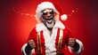 Cheerful Afro Santa Claus with happy and colorful Christmas vibe. Dressed in traditional Santa clothing. Happy spirit of the holiday season. Festive winter celebration.