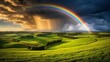 A vibrant rainbow curving perfectly across a stormy sky, fields green and lush below.