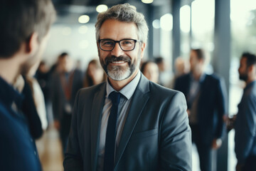 Poster - Two men in professional atmosphere engaged in conversation. Suitable for business-related content.