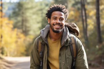 Wall Mural - Man with backpack smiles at camera. This picture can be used to convey happiness, travel, adventure, or outdoor activities.