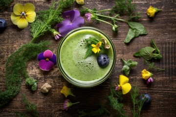 Detailed capture of green health drink, adorned with blossoming pansy amidst botanical backdrop.