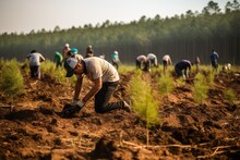 A Group Of Volunteers Planting Trees In A Deforested Area.