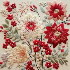 Wall Mural - AI generated illustration of a close-up of a colorful embroidered fabric with a floral pattern