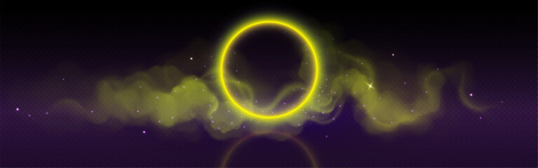 Wall Mural - Yellow neon circle with cloud smoke and flare glow. 3d realistic abstract led ring with sparkle and purple soft fog trail. Mystery panorama with gold circular glowing bright laser lens and steam