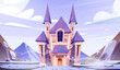 Medieval castle on winter mountain landscape. Vector cartoon illustration of fairytale royal palace with towers, rocky background covered with ice and snow, wind swirls in air, magic cold kingdom