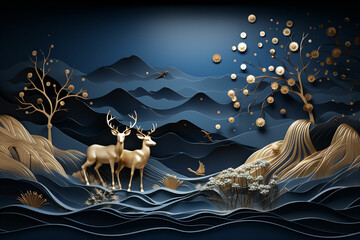 Wall Mural - a paper art style illustration of a mountain landscape with deer