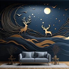 Wall Mural - a paper art style illustration of a mountain landscape with deer