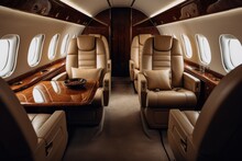 Interior Of A Private Plane With Leather Seats And Seats In The Cabin, Nterior Of Luxurious Private Jet With Leather Seats, AI Generated