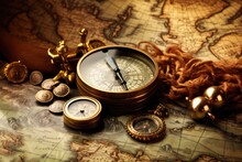 Vintage Compass And Old Map. Vintage Style Toned Picture, Old Compass, Telescope, And Coins On An Antique World Map, AI Generated