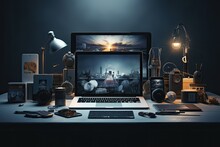 3d render of laptop on table with different photography equipment. Photo editing concept, Photographer's workplace with laptop, tablet, smartphone and other equipment, AI Generated