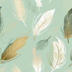  Mint and Gold Feathers Wallpaper Pastel Seamless Pattern