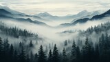 Fototapeta Niebo - The tranquil beauty of a fog-covered valley, trees peeking through the mist.