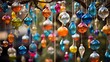 Vibrant ornaments of different shapes and sizes hanging from a festive tree.