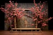A vacant wooden display stage with a backdrop of blooming cherry blossoms. Generative AI