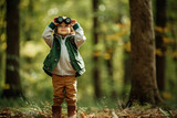 Fototapeta Na ścianę - Little boy looking through binoculars in the park. Kid exploring nature