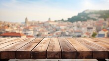 The Empty Wooden Table Top With Blur Background Of The Old Town Dubrovnik . Exuberant Image. Generative AI