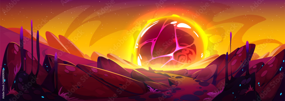 Space landscape with burning asteroid on horizon. Vector cartoon ...