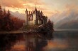 A painting of a castle on a lake. Generative AI