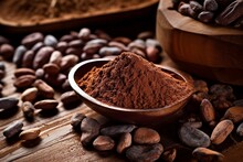 A Spoonful Of Cocoa Beans And Cocoa Powder On A Table With Scattered Cocoa Beans And A Scoop Of Powder. Generative AI